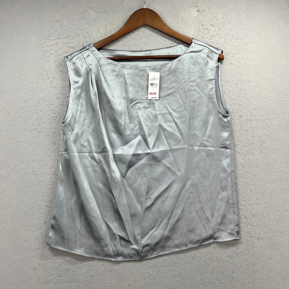 LOFT Sleeveless Blouse Women Small Gray Satin Boat Neck Minimalist Career Chic